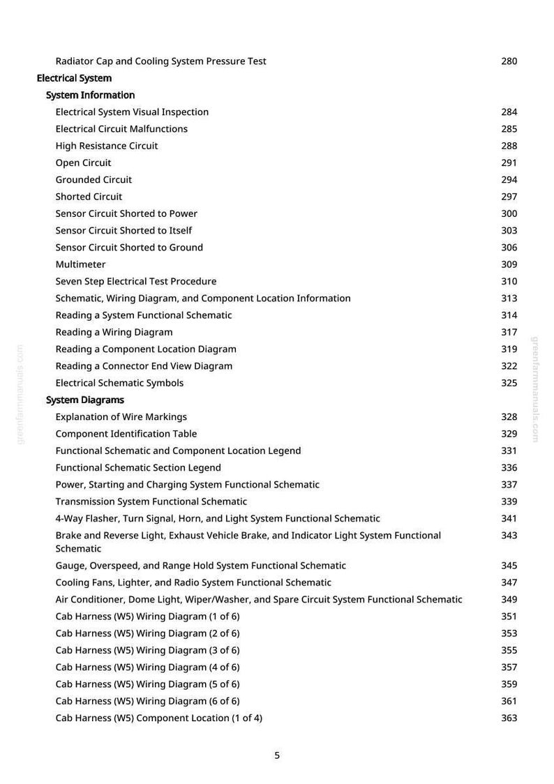 Peut inclure: Une page de manuel avec une table des mati&egrave;res pour un syst&egrave;me &eacute;lectrique. Le texte comprend des sujets tels que les sch&eacute;mas de c&acirc;blage, les sch&eacute;mas et les dysfonctionnements des circuits. Le num&eacute;ro de page est visible en haut &agrave; droite.