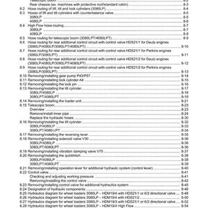 May include: A page from a Weidemann manual, detailing work hydraulics. Sections include hose routing, removing/installing components, and hydraulic diagrams for wheel loaders. The manual is in English.