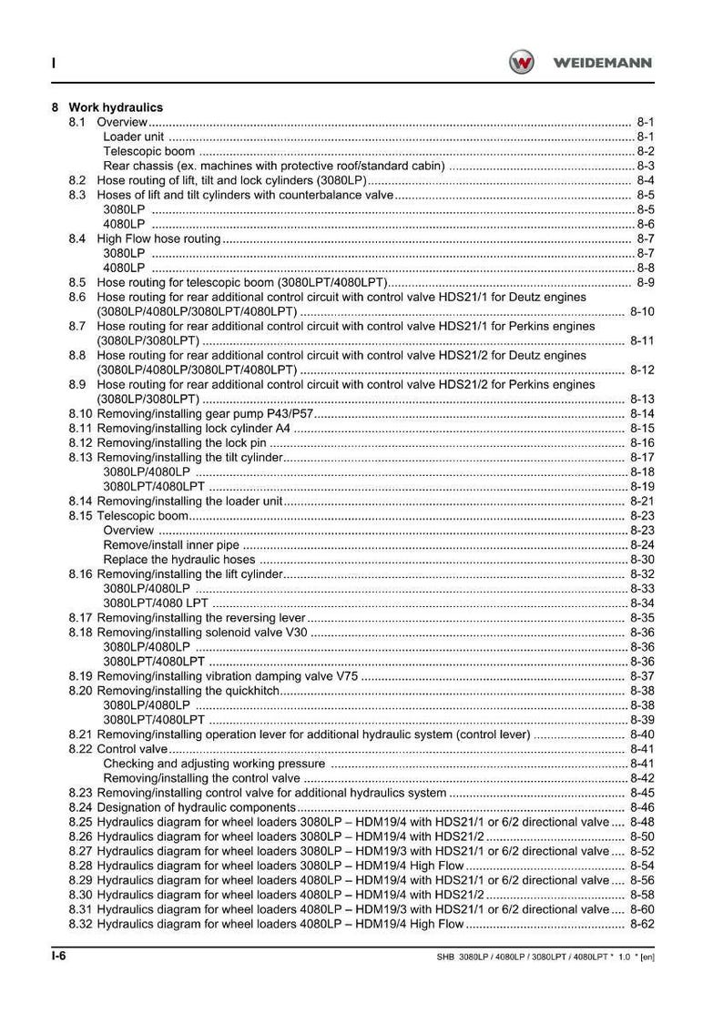 May include: A page from a Weidemann manual, detailing work hydraulics. Sections include hose routing, removing/installing components, and hydraulic diagrams for wheel loaders. The manual is in English.