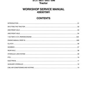 May include: A white Workshop Service Manual for Massey Ferguson tractors. The manual includes a table of contents with sections on the engine, axles, and electrical systems. The manual's part number is 4283075M1.