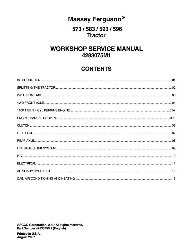 May include: A white Workshop Service Manual for Massey Ferguson tractors. The manual includes a table of contents with sections on the engine, axles, and electrical systems. The manual's part number is 4283075M1.