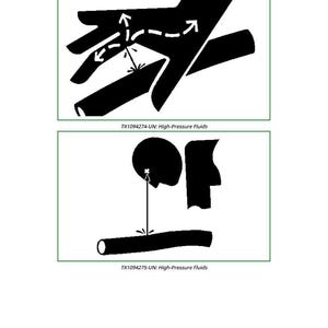 Puede incluir: Imagen con el texto "Evite los fluidos a alta presi&oacute;n". La imagen muestra dos ilustraciones. La primera muestra una mano con flechas que indican la inyecci&oacute;n de fluido. La segunda muestra un c&iacute;rculo y un tubo con una flecha. Tambi&eacute;n est&aacute; presente el texto "TX1094274-UN: High-Pressure Fluids" y "TX1094275-UN: High-Pressure Fluids".