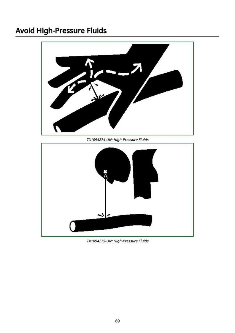 Puede incluir: Imagen con el texto "Evite los fluidos a alta presi&oacute;n". La imagen muestra dos ilustraciones. La primera muestra una mano con flechas que indican la inyecci&oacute;n de fluido. La segunda muestra un c&iacute;rculo y un tubo con una flecha. Tambi&eacute;n est&aacute; presente el texto "TX1094274-UN: High-Pressure Fluids" y "TX1094275-UN: High-Pressure Fluids".