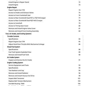 May include: A page from a manual with a table of contents. The text includes sections on engine repair, fuel systems, and cooling systems. Page numbers are listed on the right side.