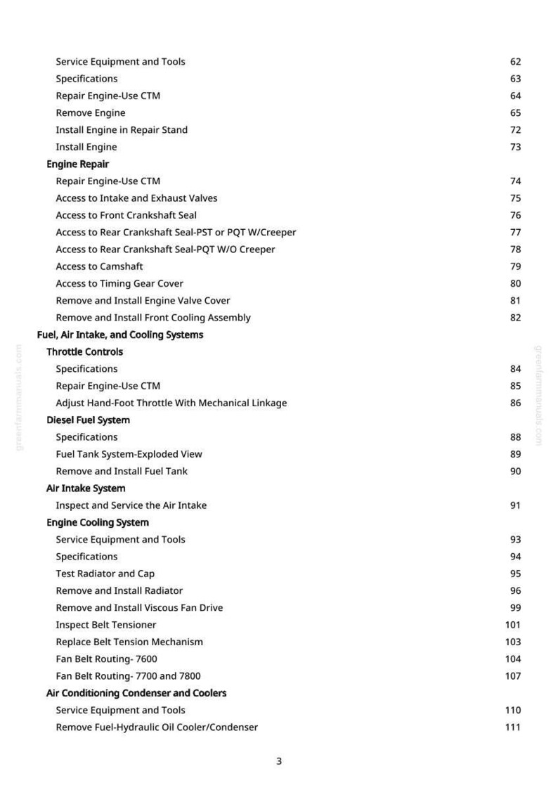 May include: A page from a manual with a table of contents. The text includes sections on engine repair, fuel systems, and cooling systems. Page numbers are listed on the right side.