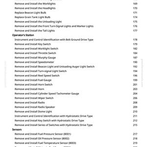 May include: A page from a manual with a table of contents. The text includes sections on lighting, operator's station, and sensors. The page number is 163.