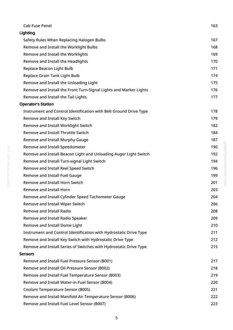 May include: A page from a manual with a table of contents. The text includes sections on lighting, operator's station, and sensors. The page number is 163.