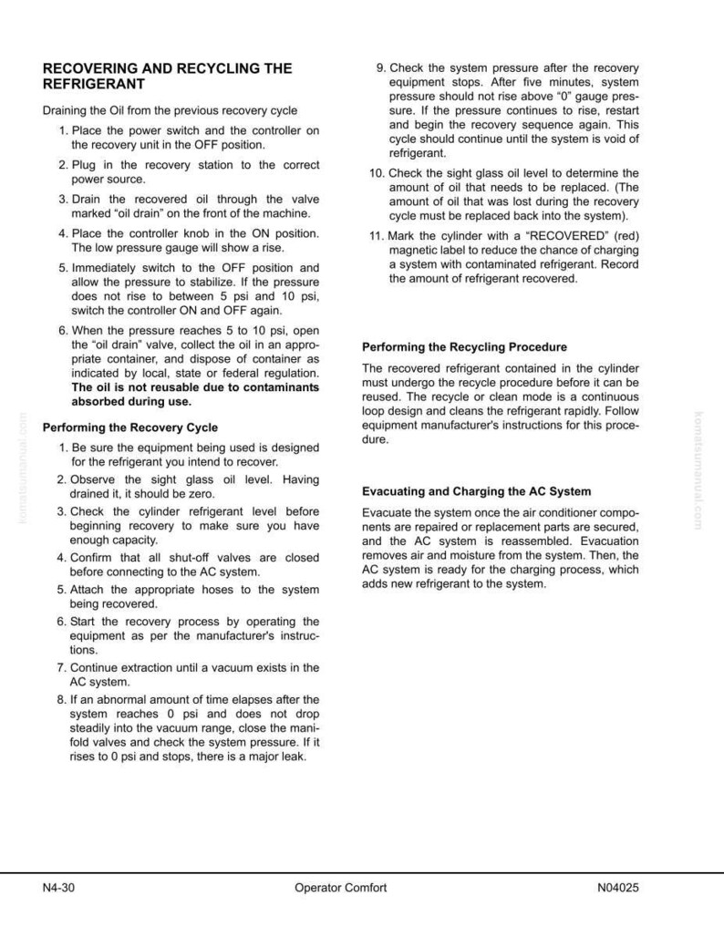K&ouml;nnte beinhalten: Eine detaillierte Seite eines technischen Handbuchs mit dem Titel "RECOVERING AND RECYCLING THE REFRIGERANT". Die Seite enth&auml;lt nummerierte Anweisungen zum Ablassen von &Ouml;l, zur Durchf&uuml;hrung des R&uuml;ckgewinnungszyklus und zu Recyclingverfahren. Der Text ist schwarz auf wei&szlig;em Hintergrund.