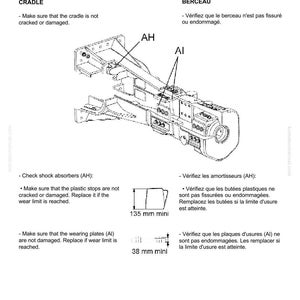 May include: A technical diagram from Komatsu, labeled JPB7500V Parts Inspection. The image features a detailed illustration of a cradle with callouts for inspection points, including shock absorbers and wearing plates. Measurements are provided in millimeters.
