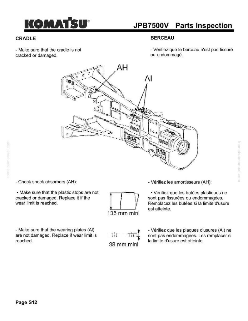 May include: A technical diagram from Komatsu, labeled JPB7500V Parts Inspection. The image features a detailed illustration of a cradle with callouts for inspection points, including shock absorbers and wearing plates. Measurements are provided in millimeters.