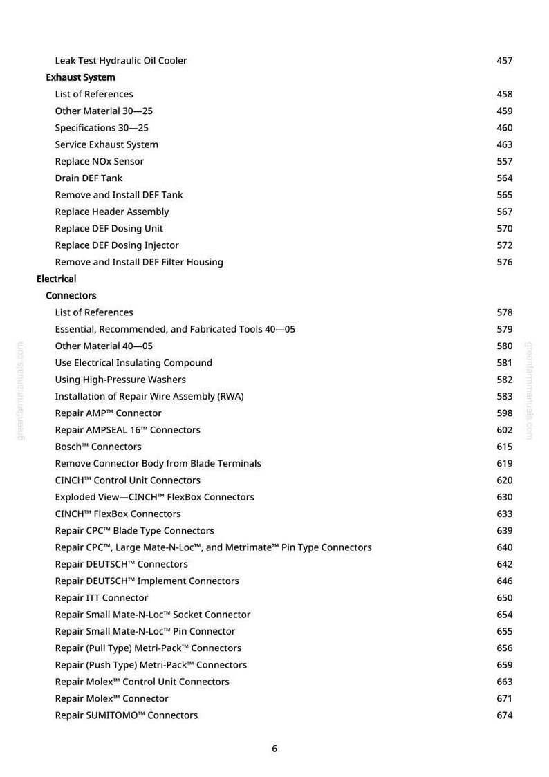 May include: A white page from a manual with a list of automotive repair topics, including "Exhaust System" and "Connectors." The page also includes a website address and page numbers.