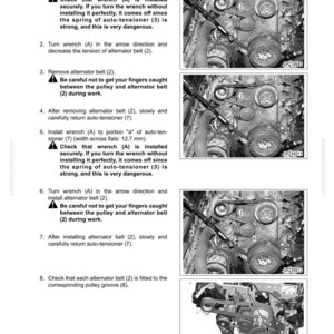 May include: Diagram of an engine with an alternator belt replacement guide. The image shows the engine components, including pulleys, belts, and a wrench. Text instructions are included.