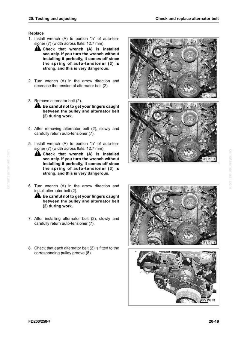 May include: Diagram of an engine with an alternator belt replacement guide. The image shows the engine components, including pulleys, belts, and a wrench. Text instructions are included.