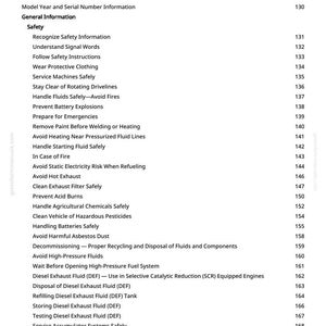 May include: A white page titled "Table of Contents" from a manual. The table lists safety topics such as "Avoid Hot Exhaust" and "Prevent Acid Burns". Page numbers are listed on the right.