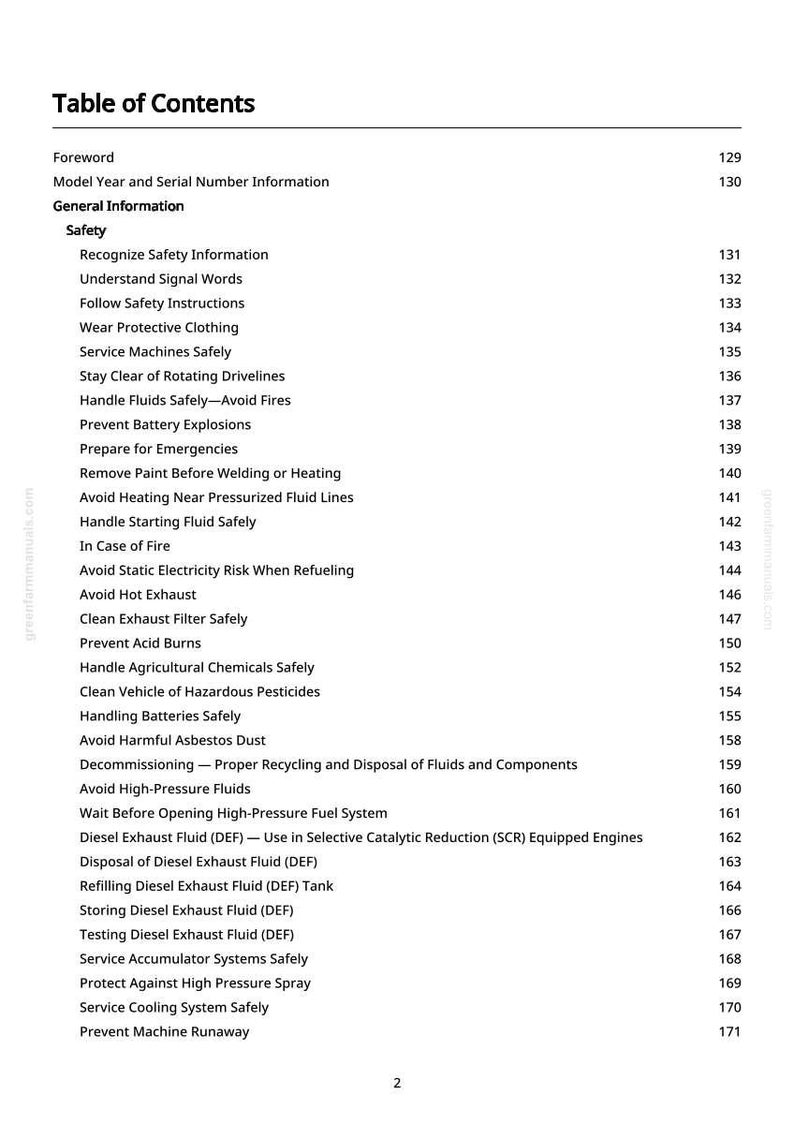 May include: A white page titled "Table of Contents" from a manual. The table lists safety topics such as "Avoid Hot Exhaust" and "Prevent Acid Burns". Page numbers are listed on the right.
