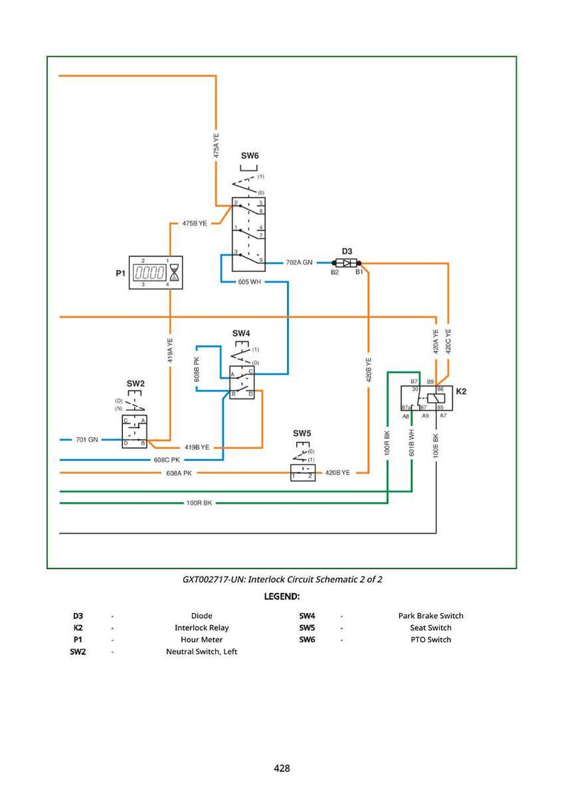 May include: An interlock circuit schematic diagram, showing switches, relays, and a digital hour meter. The diagram uses colour-coded lines in orange, blue, and green, with text labels for components and connections. Measurements are in metric.