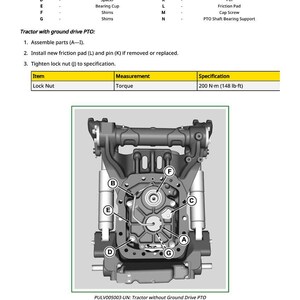 May include: Diagram of a tractor's PTO system, detailing components such as gears, bearings, and shims, with labels A-N. Includes instructions for assembly and tightening a lock nut to 2712 kgf&middot;cm.