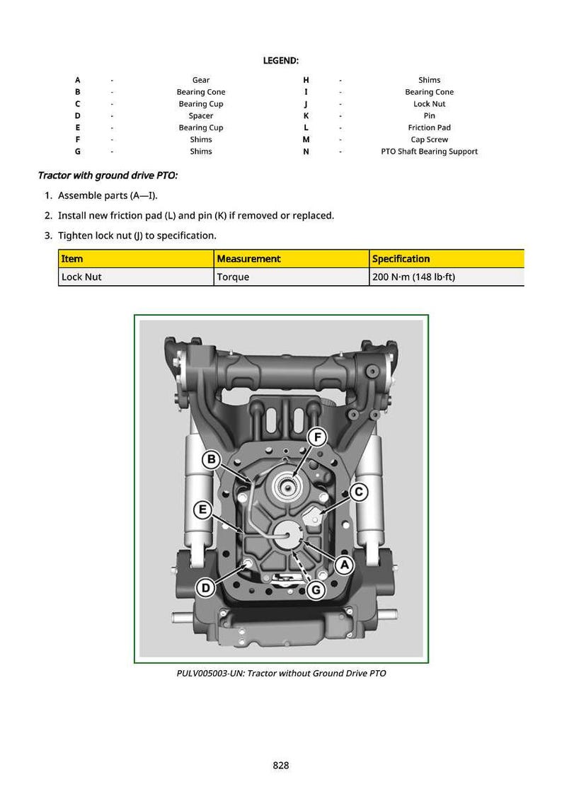 May include: Diagram of a tractor's PTO system, detailing components such as gears, bearings, and shims, with labels A-N. Includes instructions for assembly and tightening a lock nut to 2712 kgf&middot;cm.