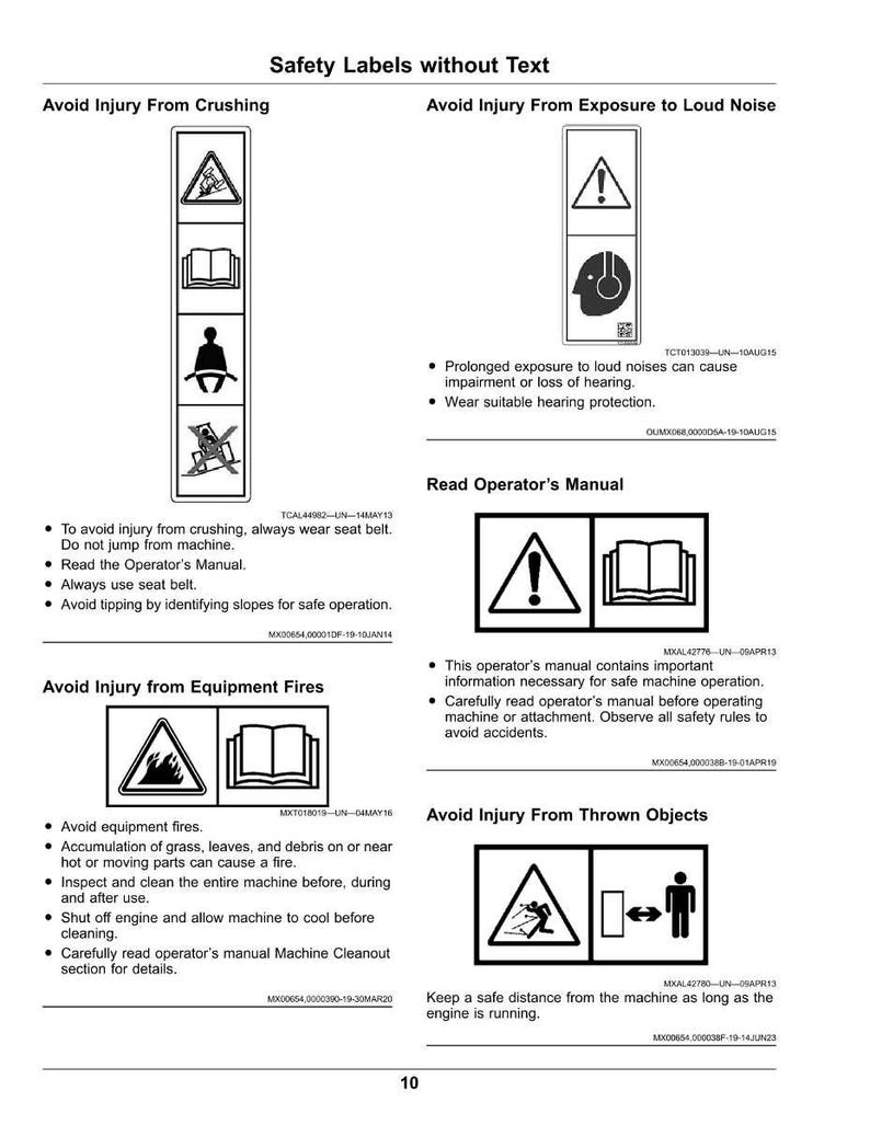 May include: A page of safety labels with illustrations and text. The labels warn against crushing injuries, loud noise exposure, equipment fires, and thrown objects. Instructions include reading the operator's manual and maintaining a safe distance.