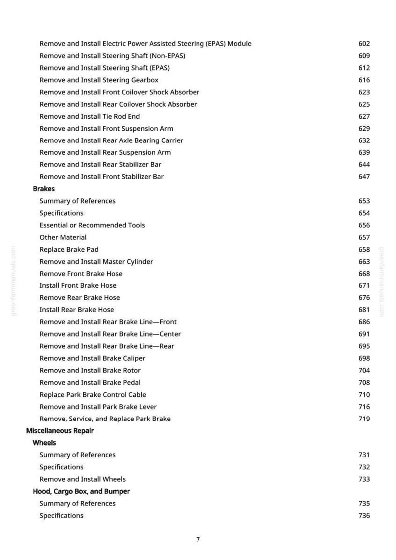 May include: A detailed table of contents from a manual, listing automotive repair procedures. The text is in black font on a white background, with section titles like "Brakes" and "Wheels", and page numbers.