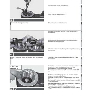 May include: An automotive repair manual page with instructions. Text includes "Remove the steering sensor (17)" and "Insert the sensor's cable... Apply Loctite 243 to the screws (16) and tighten." The image shows close-ups of the sensor and screws, with measurements in Nm.