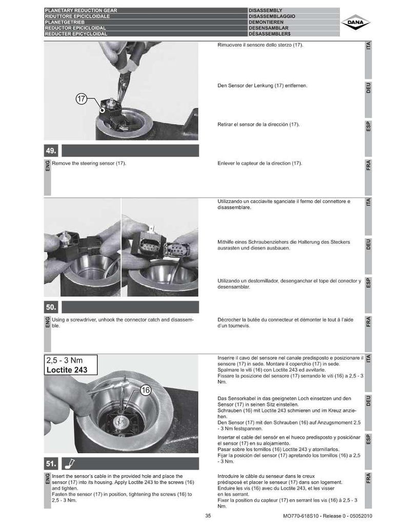 May include: An automotive repair manual page with instructions. Text includes "Remove the steering sensor (17)" and "Insert the sensor's cable... Apply Loctite 243 to the screws (16) and tighten." The image shows close-ups of the sensor and screws, with measurements in Nm.