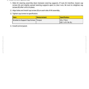 May include: A manual page detailing the installation of a tilt steering assembly. It provides instructions, item descriptions, and torque specifications for bracket-to-support cap screws, with measurements in lb.-ft.