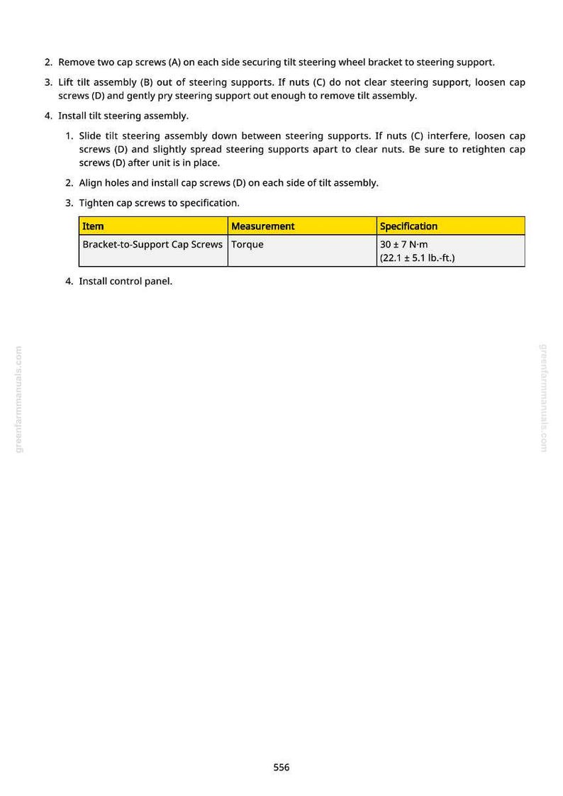 May include: A manual page detailing the installation of a tilt steering assembly. It provides instructions, item descriptions, and torque specifications for bracket-to-support cap screws, with measurements in lb.-ft.