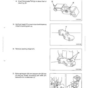 May include: Diagram of a hydraulic breaker disassembly and assembly process. The image shows various steps, including removing grease fittings, setting the front head, removing the dummy chisel, and driving out spring and stopper pins. Text and labels are included.