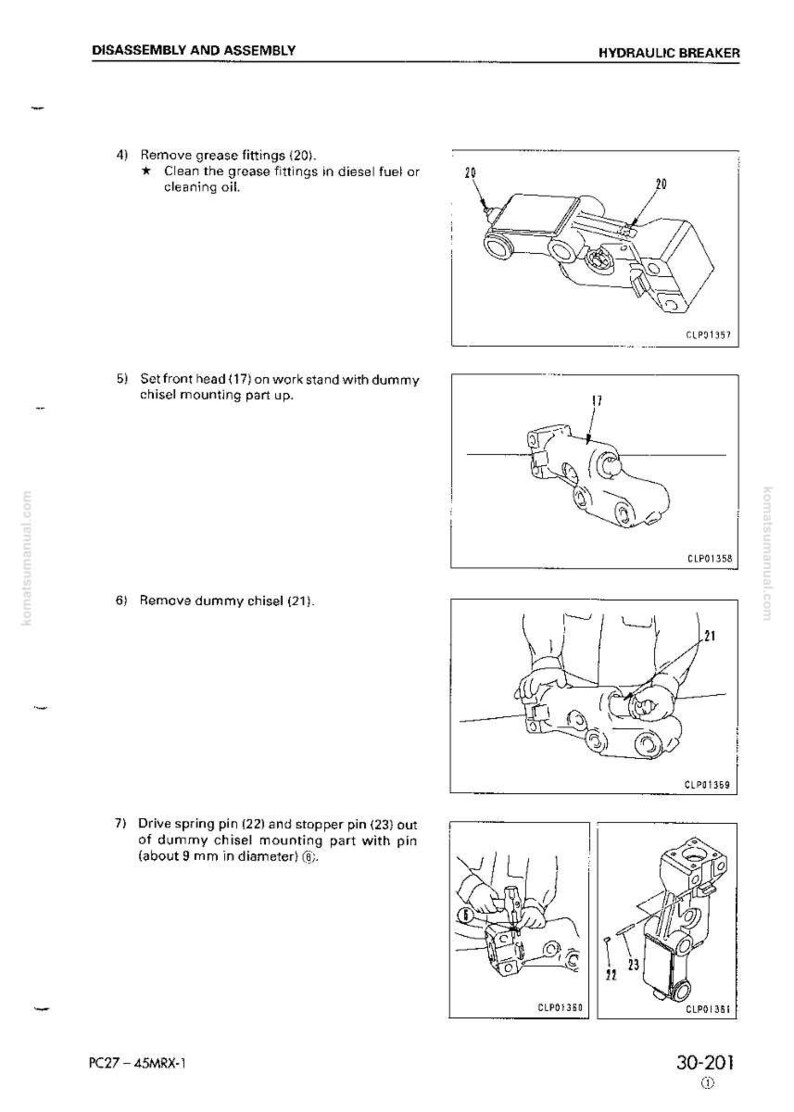 May include: Diagram of a hydraulic breaker disassembly and assembly process. The image shows various steps, including removing grease fittings, setting the front head, removing the dummy chisel, and driving out spring and stopper pins. Text and labels are included.