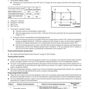 Puede incluir: Diagrama de un manual que detalla el sistema el&eacute;ctrico, centrado en la selecci&oacute;n de la velocidad de desplazamiento. Incluye una tabla con especificaciones de velocidad en km/h y mph, y un gr&aacute;fico que ilustra la presi&oacute;n de desplazamiento. El texto incluye t&eacute;rminos t&eacute;cnicos.