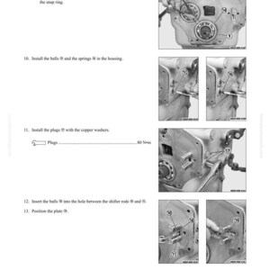 K&ouml;nnte beinhalten: Eine Seite aus einem Handbuch, die die Demontage und den Einbau von Getriebekomponenten zeigt. Die Abbildung zeigt Diagramme und Anweisungen f&uuml;r den Einbau von Sprengringen, Kugeln, Federn und Stopfen. Text enth&auml;lt "WB140-2N WB150-2N" und "80 N&bull;m".