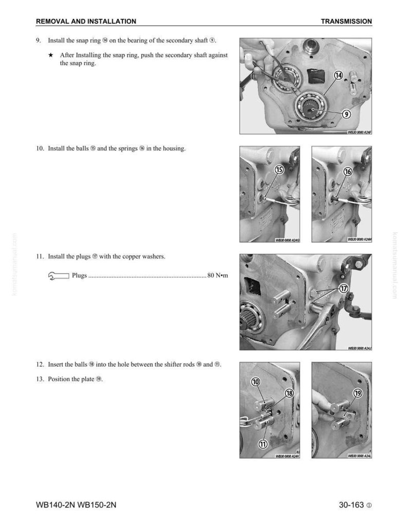 K&ouml;nnte beinhalten: Eine Seite aus einem Handbuch, die die Demontage und den Einbau von Getriebekomponenten zeigt. Die Abbildung zeigt Diagramme und Anweisungen f&uuml;r den Einbau von Sprengringen, Kugeln, Federn und Stopfen. Text enth&auml;lt "WB140-2N WB150-2N" und "80 N&bull;m".
