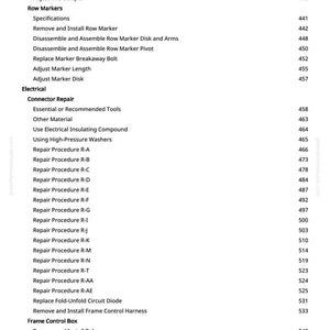 May include: A detailed table of contents from a manual, featuring a list of procedures and components for vehicle repair. The text is in black font on a white background, with page numbers on the right. Categories include axle, electrical, and frame control box.