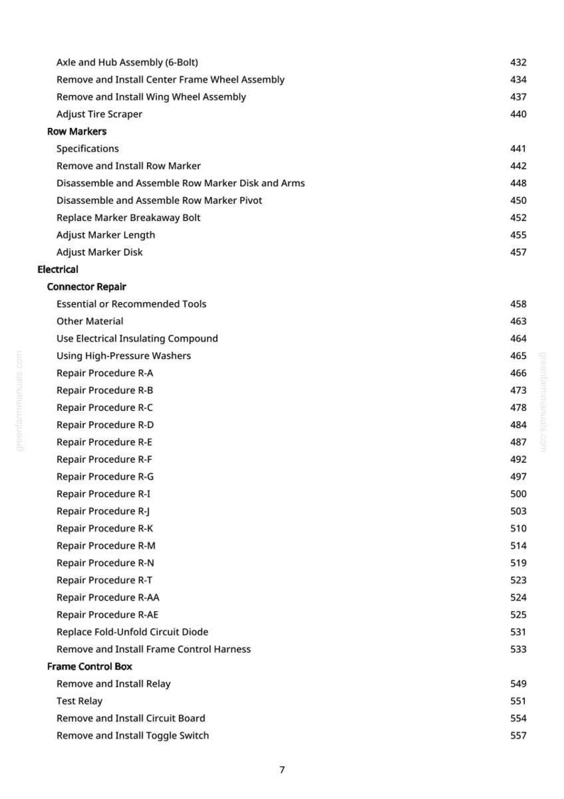 May include: A detailed table of contents from a manual, featuring a list of procedures and components for vehicle repair. The text is in black font on a white background, with page numbers on the right. Categories include axle, electrical, and frame control box.