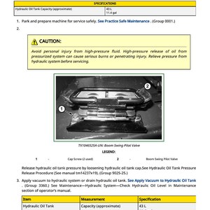Puede incluir: Documento t&eacute;cnico titulado "Boom Swing Pilot Valve Remove and Install". Incluye un diagrama de la v&aacute;lvula, una advertencia sobre fluidos a alta presi&oacute;n y especificaciones para el dep&oacute;sito de aceite hidr&aacute;ulico, con una capacidad aproximada de 43 litros.