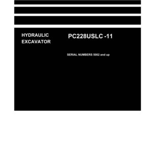 Puede incluir: Un manual blanco con texto negro. El t&iacute;tulo "Shop Manual" est&aacute; en la parte superior. Debajo, una caja negra contiene el texto "HYDRAULIC EXCAVATOR" y "PC228USLC -11". La parte inferior del manual tiene el logotipo de Komatsu.
