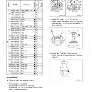 May include: Diagram of disassembly and assembly of transfer special tools, including part numbers, names, and quantities. Includes detailed illustrations of components and procedures, with measurements in millimeters.