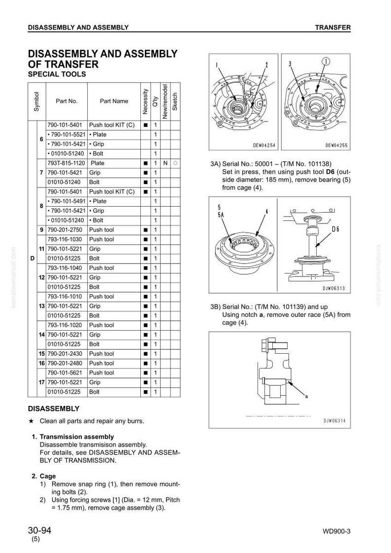 May include: Diagram of disassembly and assembly of transfer special tools, including part numbers, names, and quantities. Includes detailed illustrations of components and procedures, with measurements in millimeters.