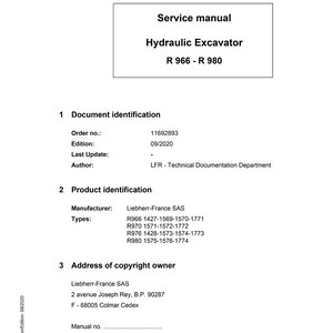 May include: A white service manual for a hydraulic excavator, model R 966 - R 980. The document includes sections on identification, product details, and copyright information. The manufacturer is Liebherr-France SAS.
