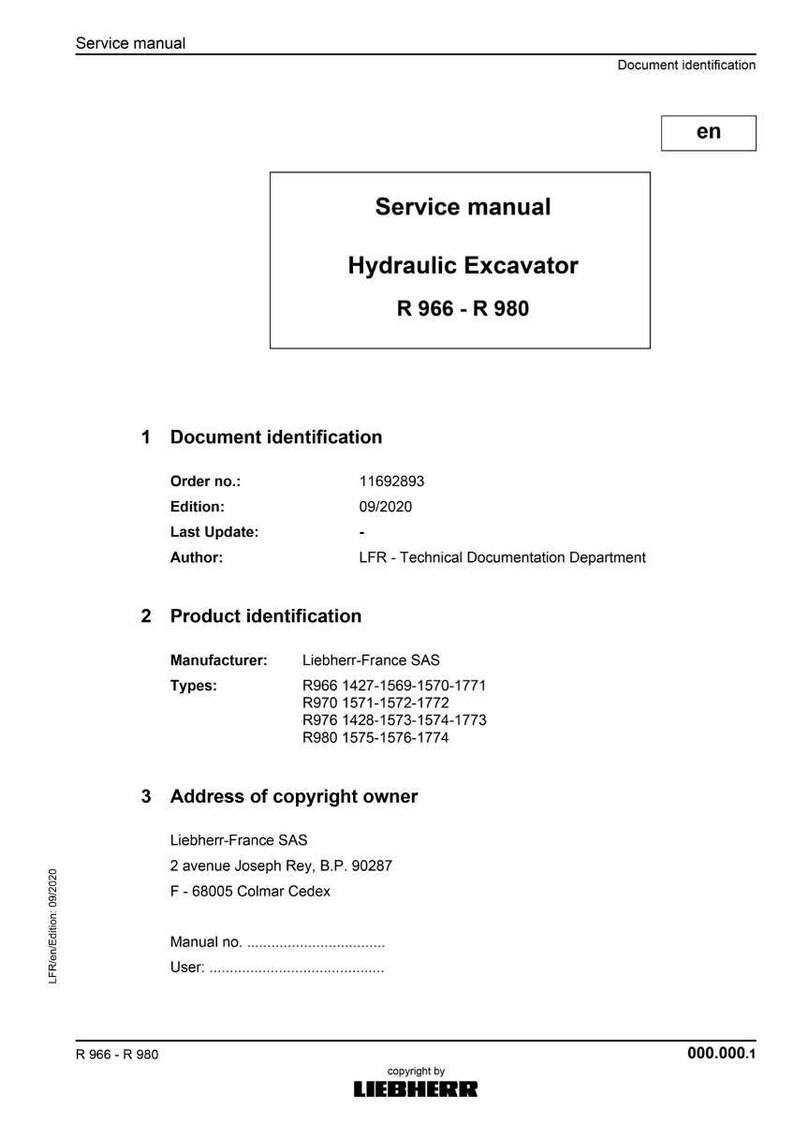 May include: A white service manual for a hydraulic excavator, model R 966 - R 980. The document includes sections on identification, product details, and copyright information. The manufacturer is Liebherr-France SAS.