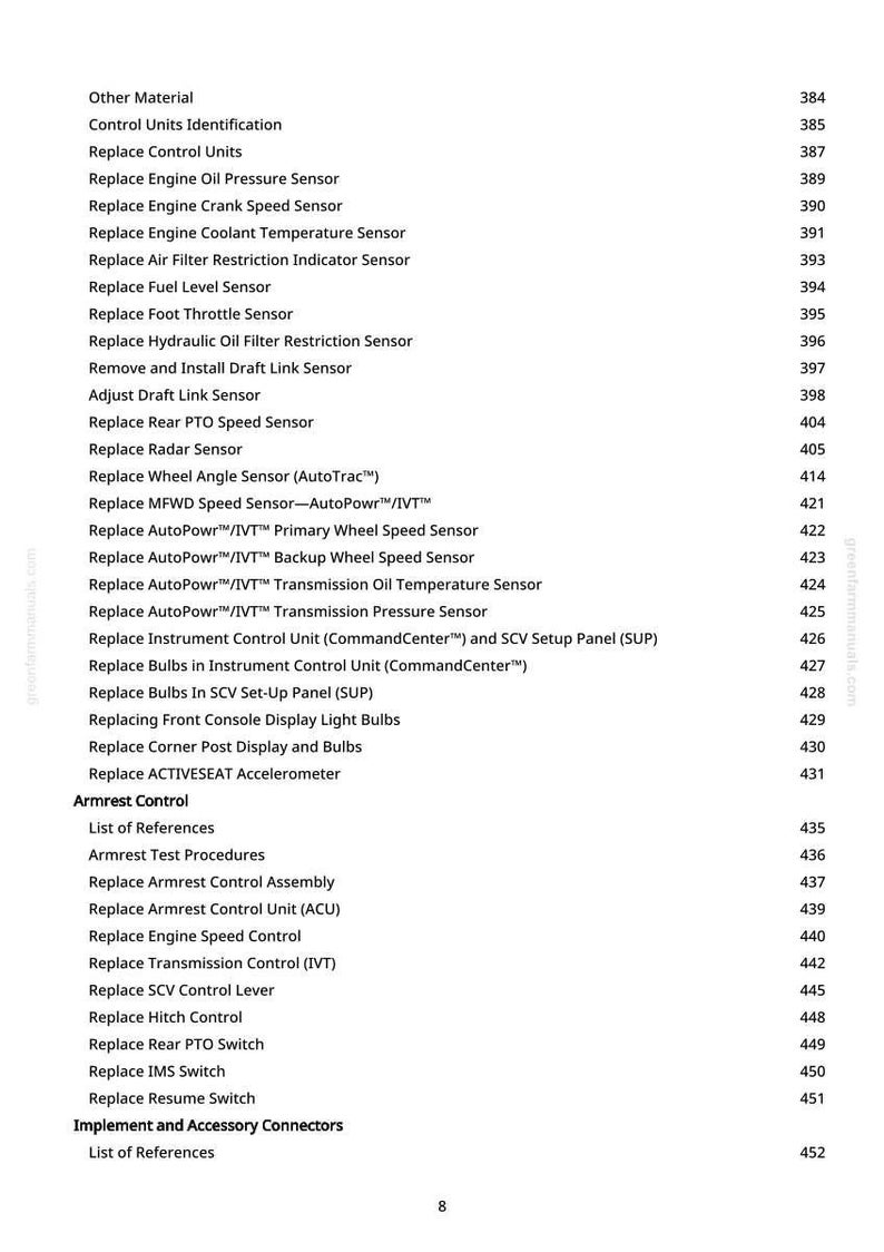 May include: A page from a manual with a list of items, including sensor replacements and control unit identifications. The text is black on a white background, with page numbers on the right.