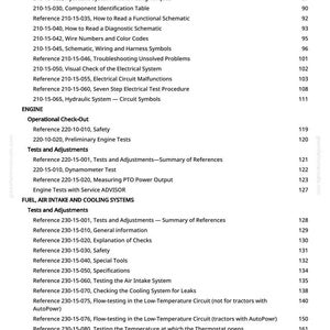 May include: A page from a manual with a table of contents, listing various topics such as hydraulic systems, engine tests, and fuel systems. The text is black on a white background, with page numbers on the right.