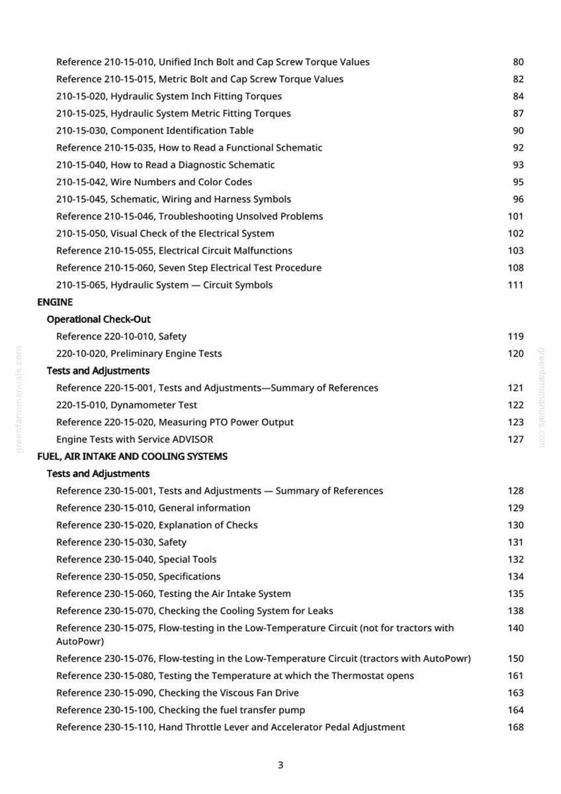 May include: A page from a manual with a table of contents, listing various topics such as hydraulic systems, engine tests, and fuel systems. The text is black on a white background, with page numbers on the right.