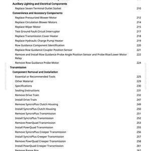 May include: A page from a manual with a list of automotive repair procedures. The text is black on a white background and includes headings like "Transmission" and "Component Removal and Installation."