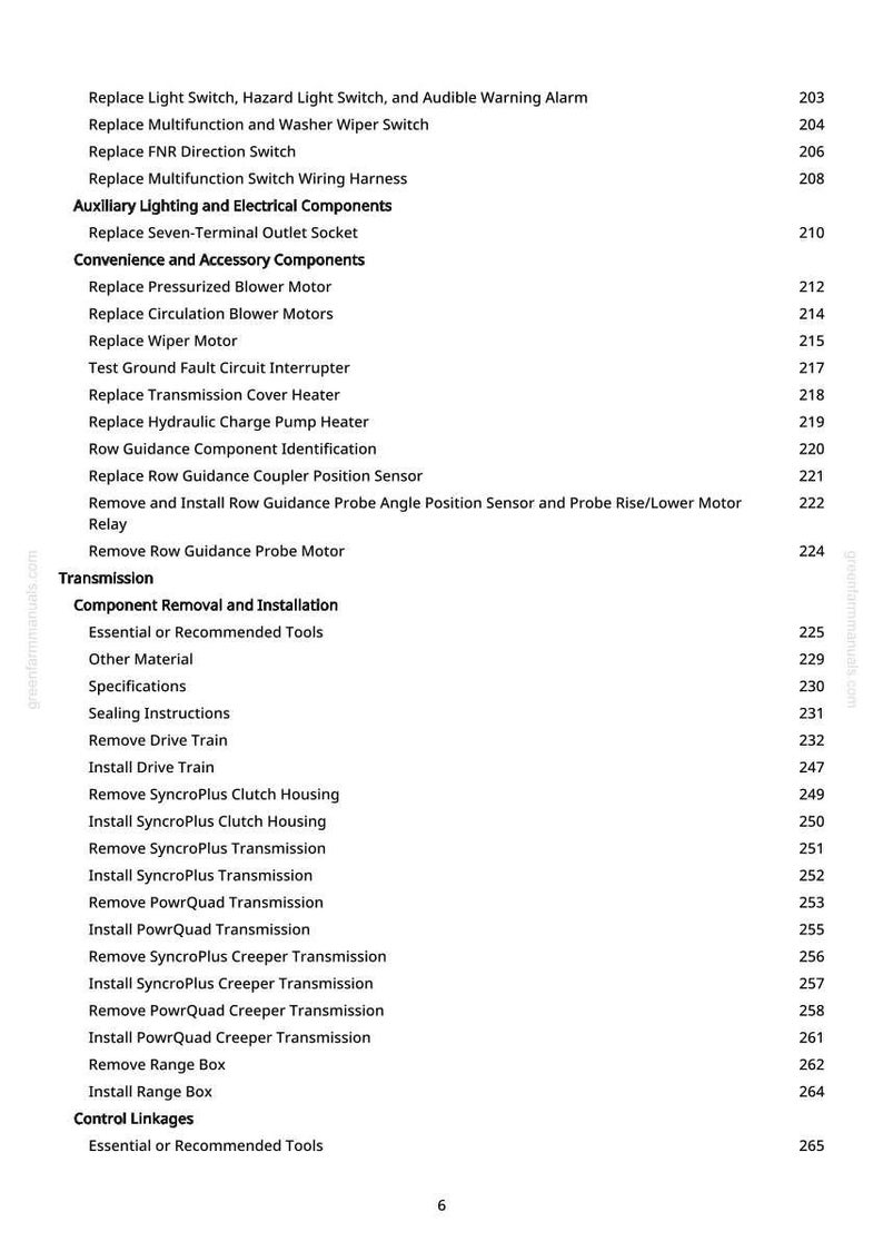 May include: A page from a manual with a list of automotive repair procedures. The text is black on a white background and includes headings like "Transmission" and "Component Removal and Installation."