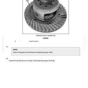 May include: Detailed diagram of a large bevel gear, a component of a mechanical assembly. The image shows the gear's structure, with a legend and installation instructions. Text includes "NOTE: Insert in keyway in the direction of planetary gear shaft."