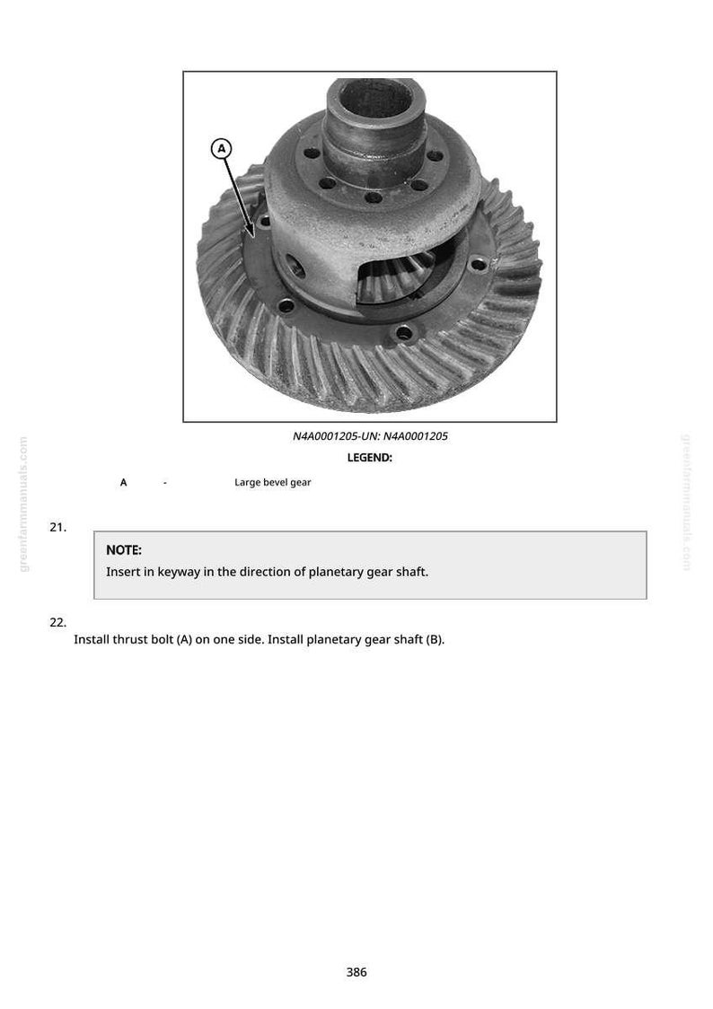 May include: Detailed diagram of a large bevel gear, a component of a mechanical assembly. The image shows the gear's structure, with a legend and installation instructions. Text includes "NOTE: Insert in keyway in the direction of planetary gear shaft."