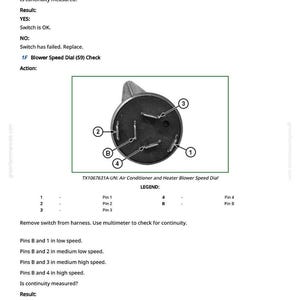 May include: Diagram of an air conditioner and heater blower speed dial, model TX1067631A-UN. The image includes a diagram of the dial with numbered pins and a legend. Text provides instructions for checking continuity.