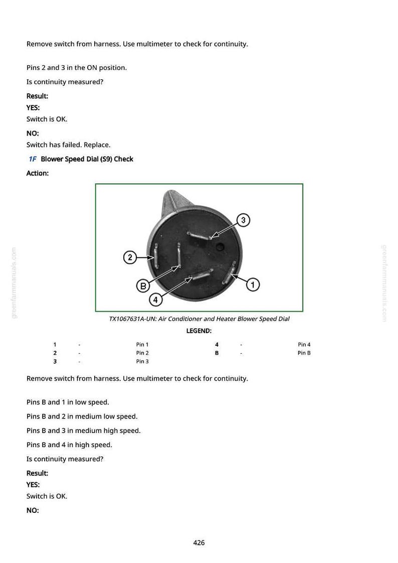May include: Diagram of an air conditioner and heater blower speed dial, model TX1067631A-UN. The image includes a diagram of the dial with numbered pins and a legend. Text provides instructions for checking continuity.